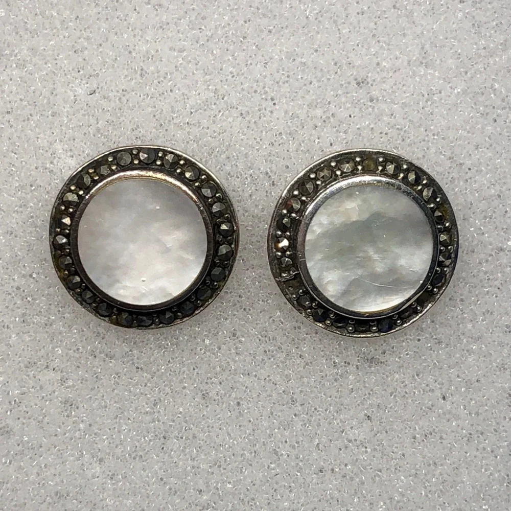 Vintage Art Deco Sterling Silver Mother of Pearl Marcasite Earrings